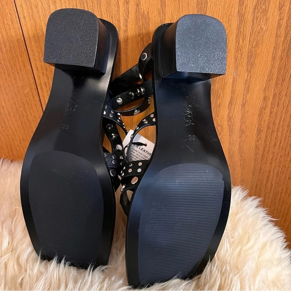 NWT Zara Black Silver Studded Ankle Wrap Sandals Sz-39 - Picture 3 of 5